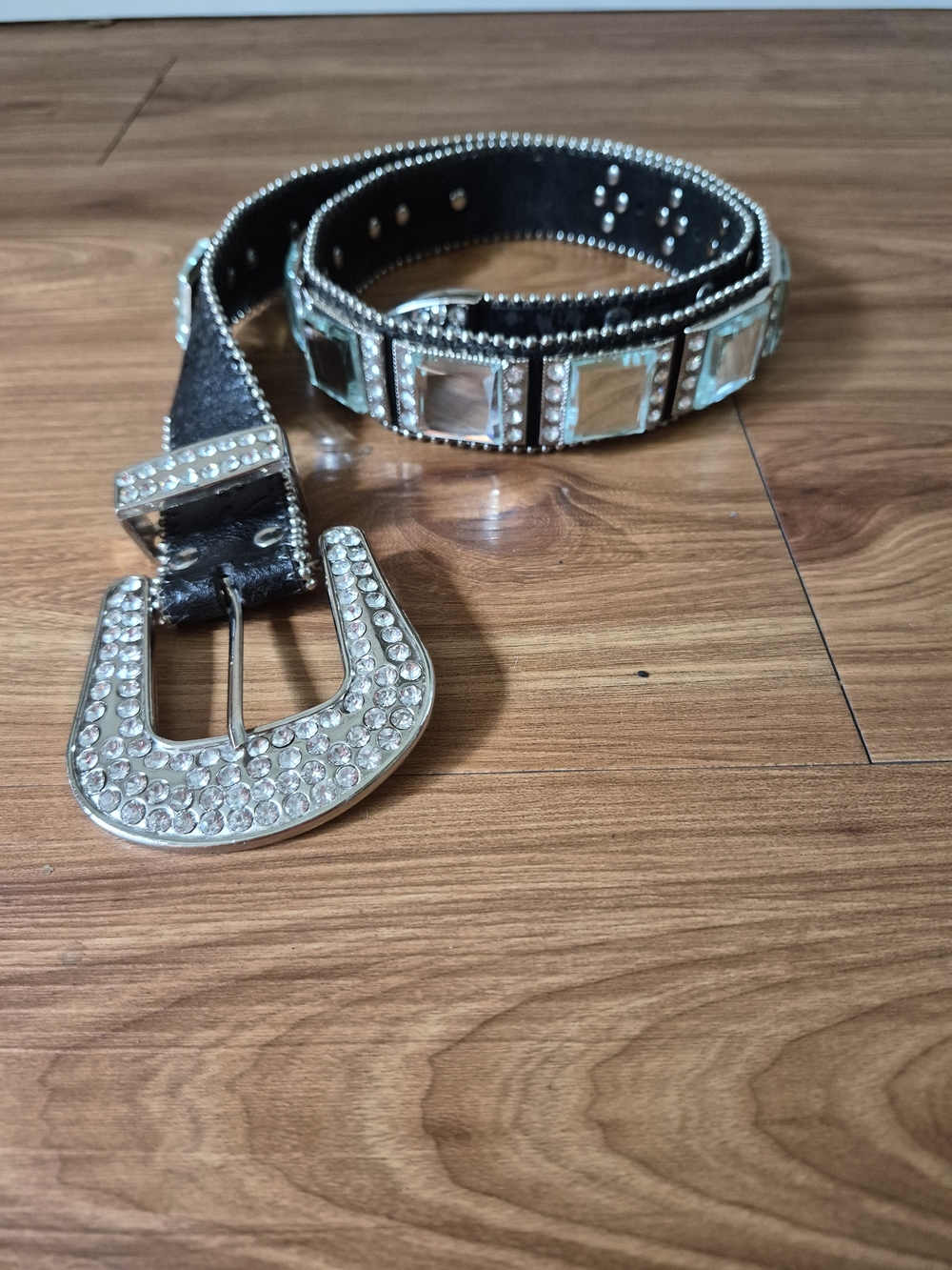 Leather Rhinestone Mirrored Silver Western Belt Size Small-Medium